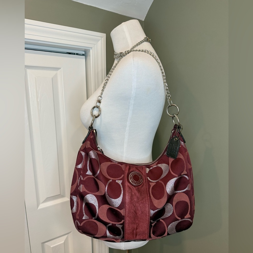 Coach Signature Burgundy and Silver Hobo Shoulder Bag (F20428)